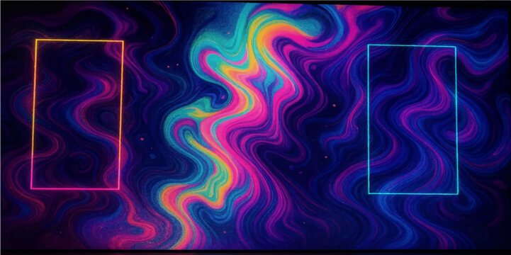 Abstract Frame in Cosmic Dance: Two geometric frames and a flowing, psychedelic design. A burst of color and dynamic movement that embodies creativity and freedom.