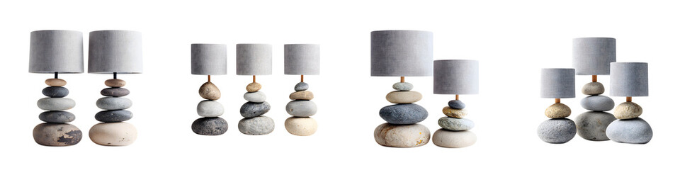 Set of Decorative Stone Lamps Isolated on White Background. Zen Style Home Decor