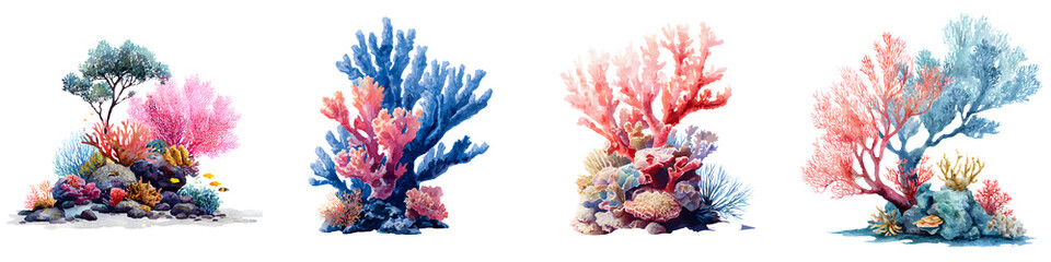 Fototapeta premium Watercolor Coral Reef Collection on White Background