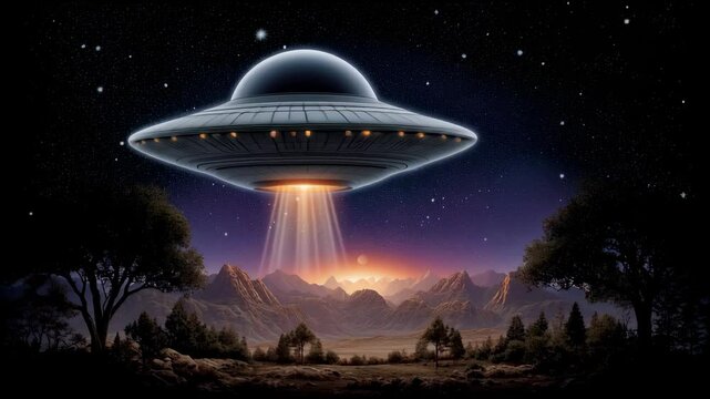 Glowing flying saucer spaceship beams light over mountain forest at night under starry sky, mysterious UFO hovering with bright light beams creating futuristic scene in dark sky