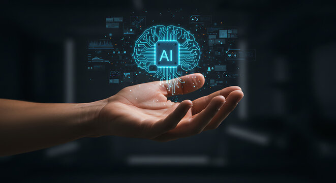 Hand presenting an AI brain hologram with digital data overlay, symbolizing artificial intelligence and technology. - Powered by Adobe