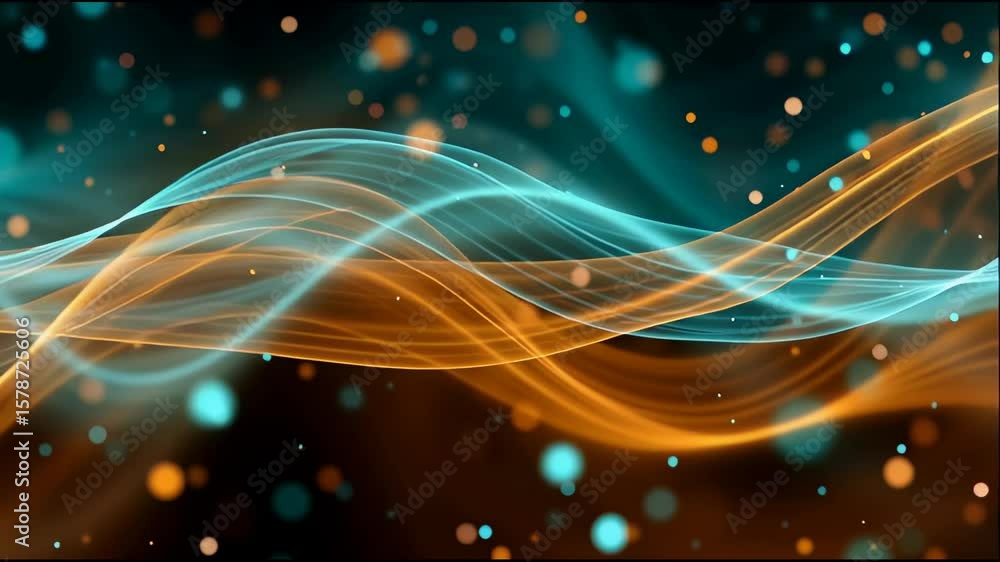 Poster abstract wave background with flowing orange and blue glowing light trails and particles creating dy