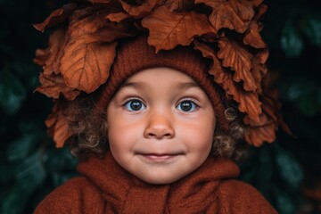 Capture of a joyful child in autumn attire with a unique leaf crown