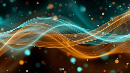 Abstract wave background with flowing orange and blue glowing light trails and particles creating dynamic vibrant digital design full of energy motion smooth curves and bokeh effects - Powered by Adobe