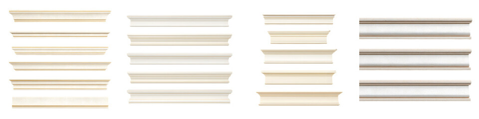 Neutral Colored Crown Molding Set. Architectural Detail Isolated on White.