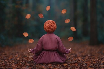 Meditating in the forest amidst floating autumn leaves and tranquility