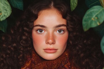 Captivating portrait of a young girl with curly hair in lush greenery