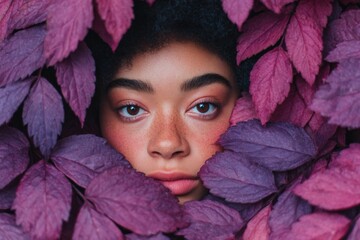 Captivating beauty framed by vibrant purple leaves in an autumnal garden