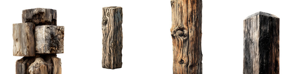Weathered Wooden Posts Collection: Textured Wood on White