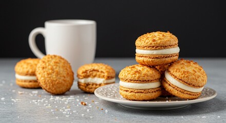 A stack of golden macarons on a plate with a white mug in the background on a gray surface