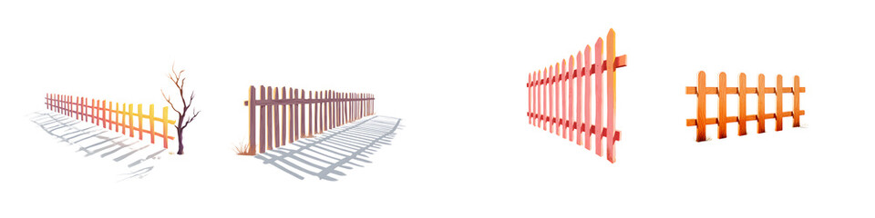 Collection of Fence Illustrations, Wood and Paint, Isolated on White