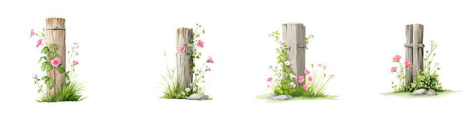 Floral Decorated Fence Posts, Watercolor Style on White