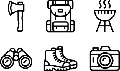 Camping and Outdoor Adventure Line Icons Set. Black Outline Vector.
