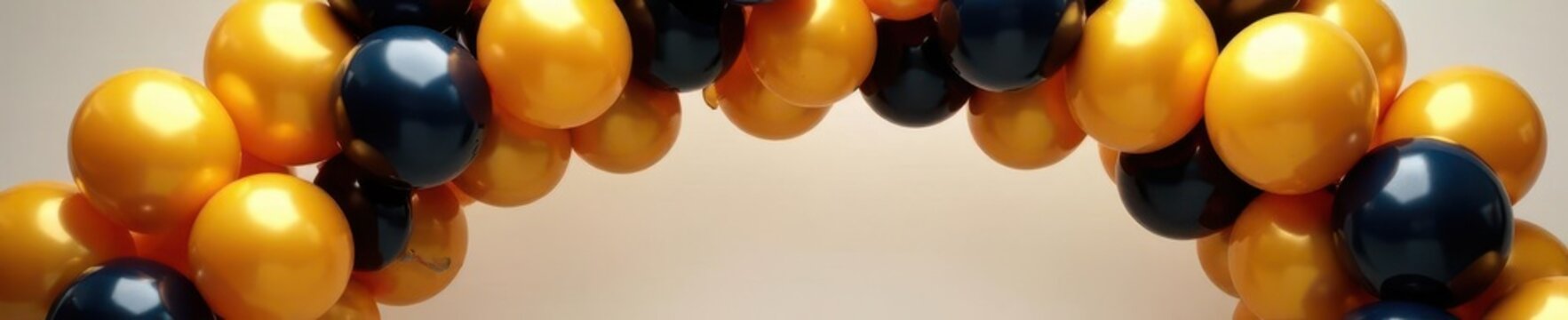 Colorful balloon arch installation with many gold and black balloons, balloons, black