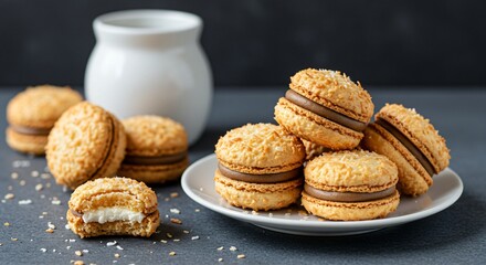 A stack of coconut macarons with chocolate filling and a white jar on a gray surface backdrop