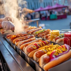 Delicious Hot Dogs with Colorful Toppings at Outdoor Food Stand