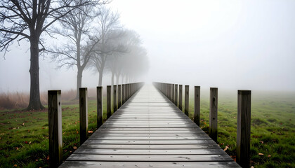 Fototapeta premium Wooden Boardwalk Extending Into Dense Fog Lined by Bare Trees and Green Grass Field