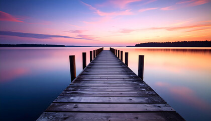 Fototapeta premium Wooden Pier Extending Over Calm Lake Water at Vibrant Sunset Sky with Colorful Reflections
