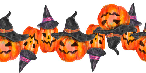 Halloween watercolor seamless horizontal border with pumpkin lantern isolated on white. Great for your Halloween design, vintage postcards, packaging, wrapping paper, holiday party, festive textile