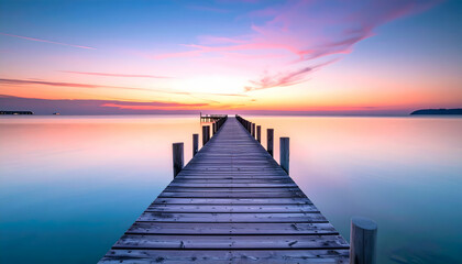 Naklejka premium Wooden Pier Stretching Into Calm Water with Vibrant Sunset Sky