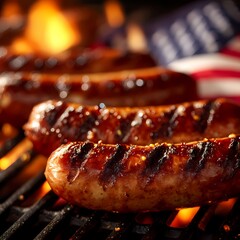 Grilled Sausages on Barbecue with American Flag in Background