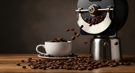 A coffee roaster pouring roasted beans into a cup on a wooden table against a dark background