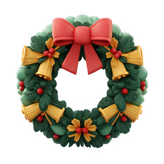 Stylized Christmas wreath featuring a red bow, golden bells and berries for festive decoration.