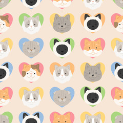 Fototapeta premium Vector seamless pattern with сartoon cats breeds. Cute texture wit faces of persian, siamese, scottish fold, golden shader with hearts. Flat style images for valentine's wrapping paper