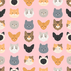 Vector seamless pattern with сartoon cats breeds. Cute texture with faces of abissian, persian, siamese, scottish fold, golden shader on pink background. Flat style pattern for textile or paper
