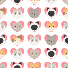 Vector seamless pattern with сartoon cats breeds. Cute texture wit faces of persian, siamese, scottish fold, golden shader with pink hearts. Flat style images for valentine's wrapping paper