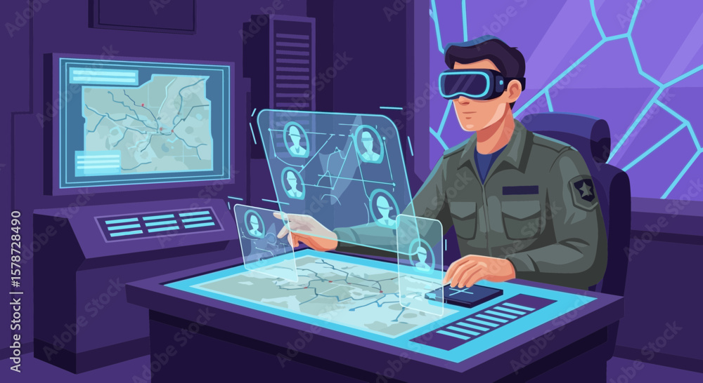 Poster man in vr headset working on future user interface digital desk