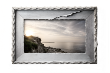 Antique wooden photo frame with a blank gold border and cloudy sky