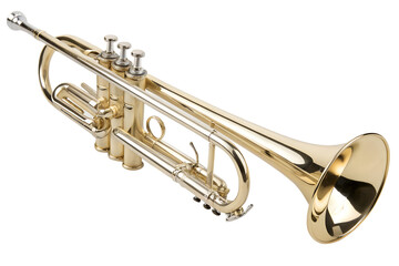 Obraz premium Brass trumpet musical instrument with gold and silver details isolated on a white background