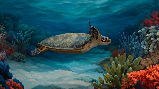 Vibrant Underwater Scene Featuring Sea Turtle Swimming Through Colorful Coral Reef with Lush Marine Life and Clear Blue Water