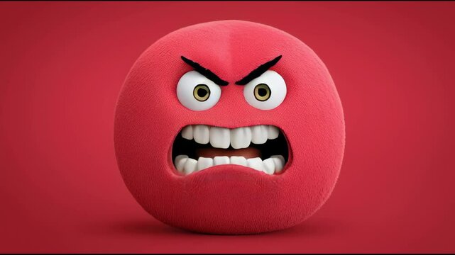 Angry red cartoon emoticon with open mouth and sharp teeth showing intense emotion and furrowed brows expressing strong frustration or rage on vivid red background with fierce expression