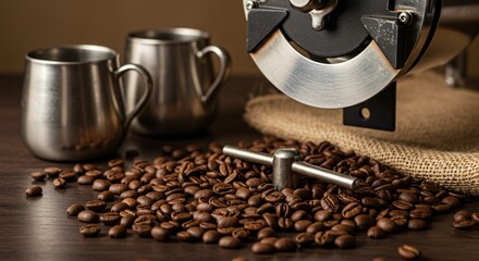 Still life of coffee beans with metal mugs and coffee roaster on a wooden surface and burlap sack