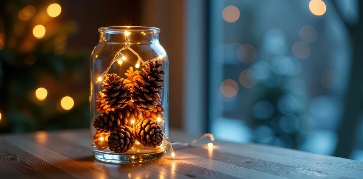 Glass vase filled with illuminated pine cones & fairy lights, winter holiday decor , arrangement, still life - Powered by Adobe