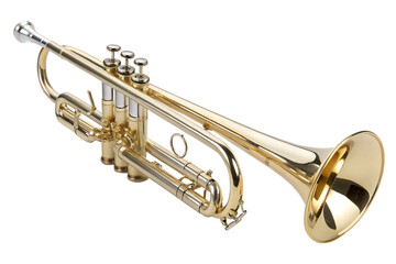 Obraz premium Golden brass trumpet, a shining wind instrument for jazz and orchestra, isolated on white