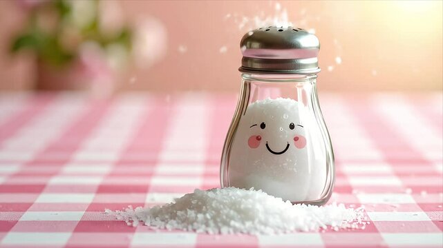 Smiling salt shaker on a gingham table with a pile of salt