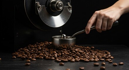 Hand using a spoon to collect coffee beans from a roaster machine into a small metal cup