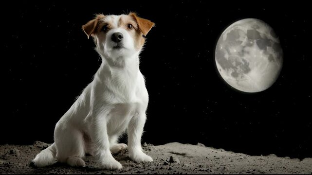 Small white dog with brown ears sitting on rocky surface under starry night sky with full moon glowing brightly creating calm mysterious and curious atmosphere gazing up at bright moon