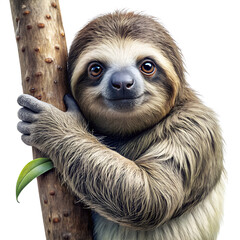 Fototapeta premium A cute sloth is hugging a tree branch and smiling isolated on transparent background