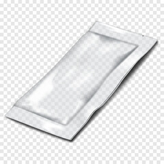 Empty tear notch 3 side seal clear plastic bag. Realistic 3d vector mockup. Rectangle vacuum sachet pouch packaging. Mock-up. Transparent packet package. Template for design