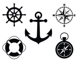 Flat navy blue nautical icon set featuring anchor, ship wheel, compass rose, life preserver, and pocket compass in symmetrical layout on white background, ideal for marine design