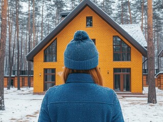 Woman looking at a cozy winter cabin with vibrant yellow facade in snowy forest.