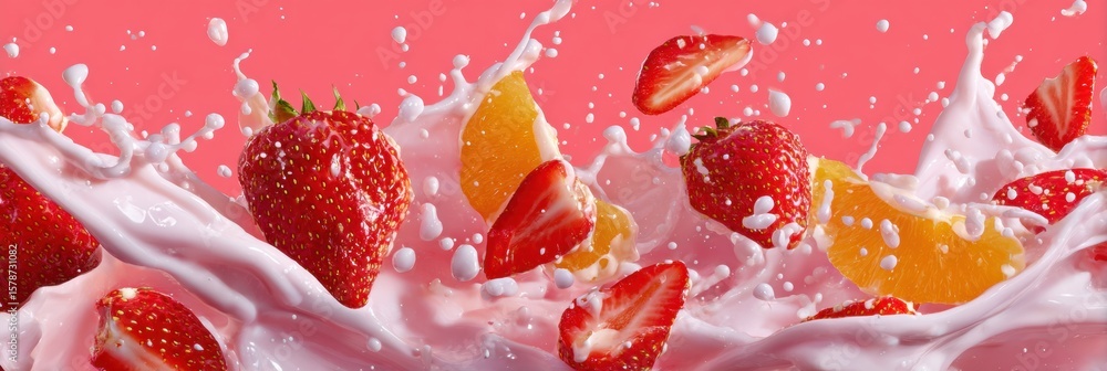 Poster floating strawberry milk explosion with fruit slices creates a vibrant and joyful visual display in 