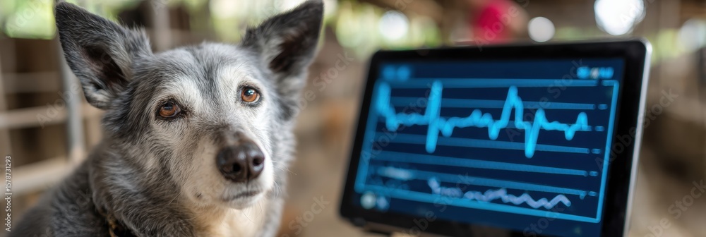 Poster heart monitor displays vital signs of a dog in a veterinary setting with a modern interface and back