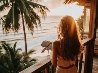 Breathtaking tropical sunset view from rustic balcony.