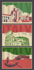 Italy Attractions Postcard Set. Milan Monumental Cemetery, Roman Colosseum, Venice Gondola Illustrations. Vector Templates for Retro Style Touristic Posters, Covers, Illustrations