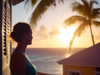 Golden tropical sunrise with serene ocean view and lush palms.